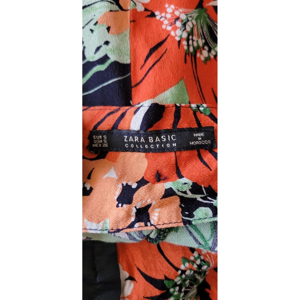 Zara Basic Floral Pants Women Size S Black Orange Green Wide Leg Trousers - Picture 3 of 5